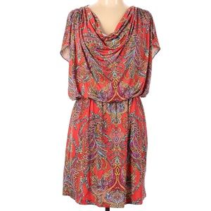 Nine & Co. Women's Orange Paisley Boho Cowl Neck Cinched Mini Dress Size: 10